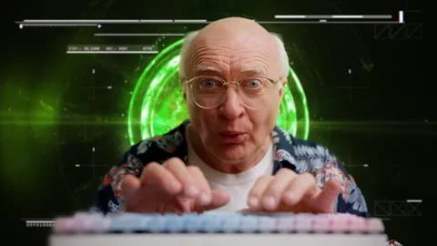 Senior hacker taking control of spaceship in sci-fi power room, typing commands Stock Footage 307196184