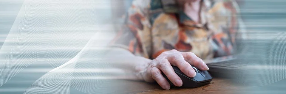 Senior hand using the mouse of a computer. panoramic banner Stock Photos