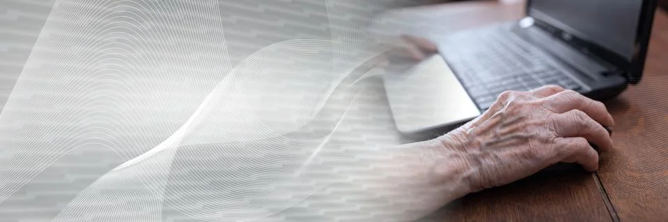 Senior hand using the mouse of a computer; panoramic banner Stock Photos