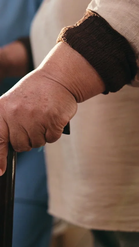 Senior, hands and nurse with cane for assisted living, physiotherapy or balance Stock Footage 341401420