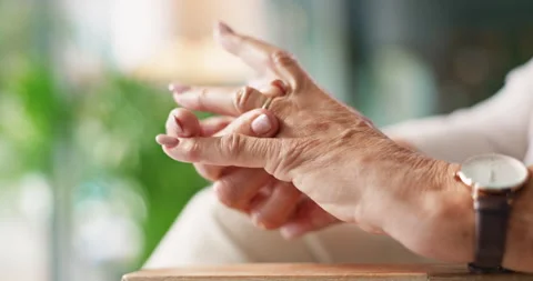 Senior, hands and ring with regret for marriage, memory or loss in grief or Stock Footage 308462845