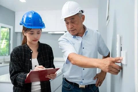Senior home inspector checking the electrical switch and check defects, bef.. Stock Photos