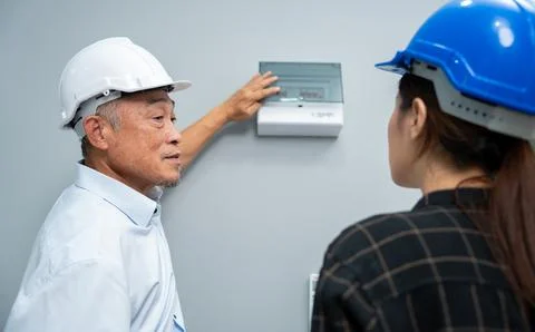 Senior home inspector checking home defects and teaching young engineers, b.. Stock Photos