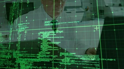 Senior IT pro typing, reviewing code at keys, screen as green HUD shifting and Stock Footage 330355402