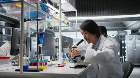 Senior lab engineer inspecting specimen slide for microscopy study Stock Footage 320146393