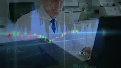 Senior lab pro typing keyboard, causing candlestick,waveform overlays, pausing Stock Footage 331286920
