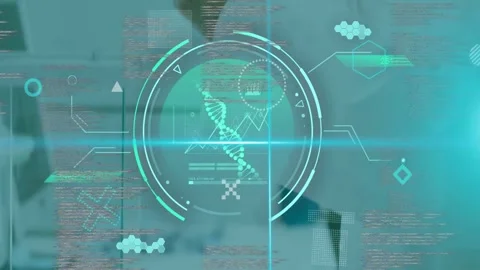 Senior lab scientist lifting vial, initiating HUD DNA animation, inspecting Stock Footage 332642073