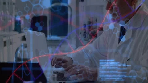 Senior lab scientist typing on laptop launching molecular modeling, panning 3D Stock Footage 328648969