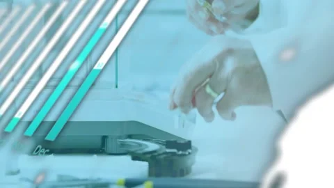 Senior lab tech reaching part on bench, aligning to gauge for test, overlays Stock Footage 321161261