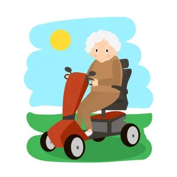 Senior Lady on a Mobility Scooter. Elderly people moving on scooter. Elderl.. Illustrazione stock