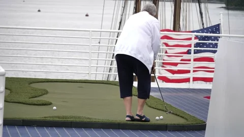Senior Lady Putting on Upper Deck of Cruise Ship Stock Footage 197478533