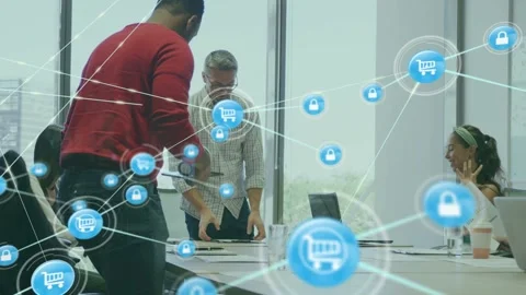Senior leaning newcomer placing tablet team sorting docs blue cart lock net Stock Footage 332901799