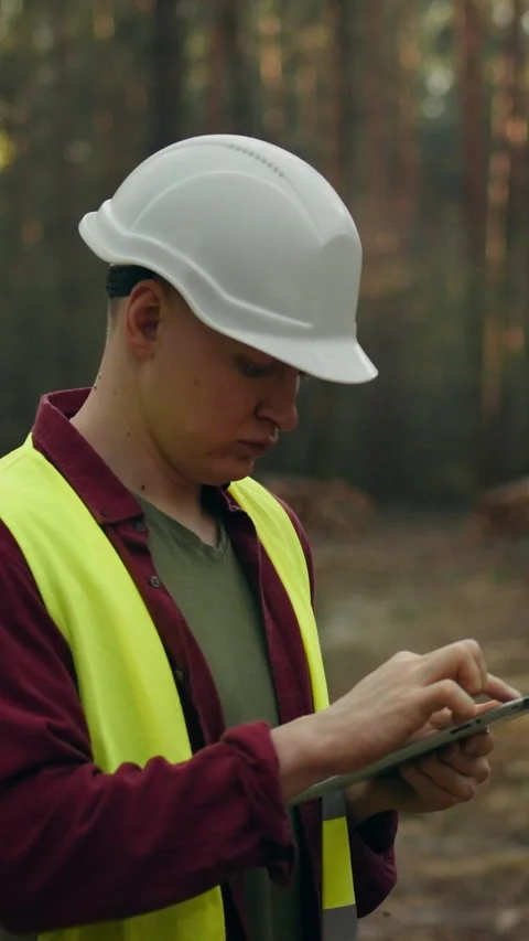Senior lumberjack engineer wearing protective helmet and bright safety vest Stock Footage 338201084