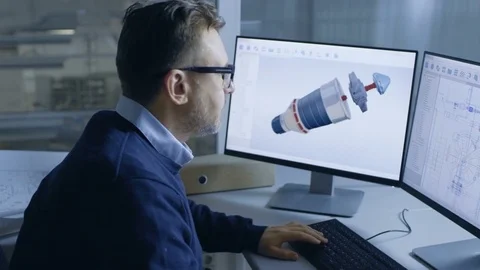 Senior Male Engineer Working on 3D Turbine/ Engine Model on His Computer.  스톡 동영상 77536288