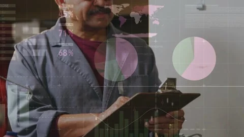 Senior male tech checking metal part, hands initiating pad notes, data overlays Stock Footage 332613732