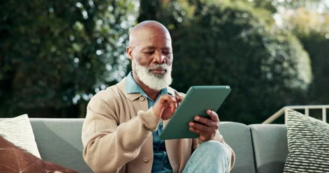 Senior, man and laugh in backyard with tablet, social media and reading funny Stock Footage 341551046
