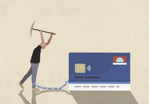 Senior man with axe attempting to break chain attached to her ankle and credit Stock Illustration