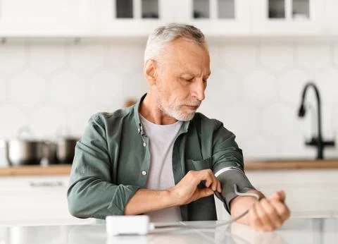 Senior Man Checking Blood Pressure With Upper Arm Monitor At Home Stock Photos