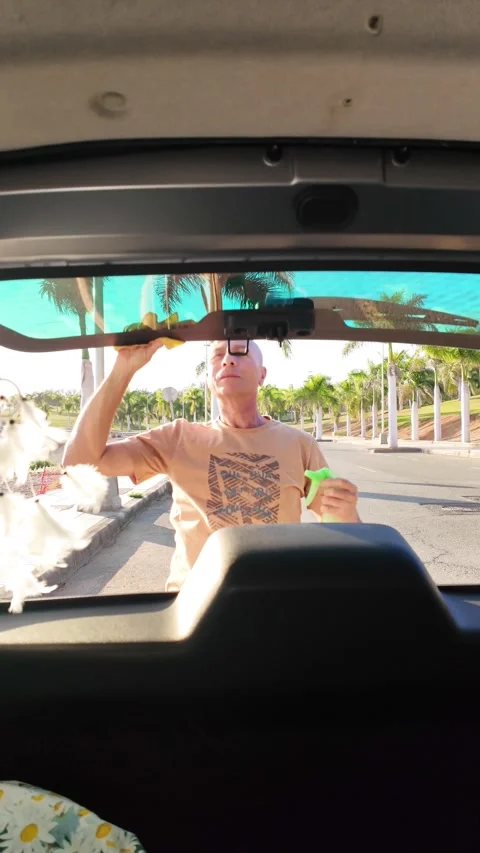 Senior man cleaning the rear window of a car Stock Footage 330554642