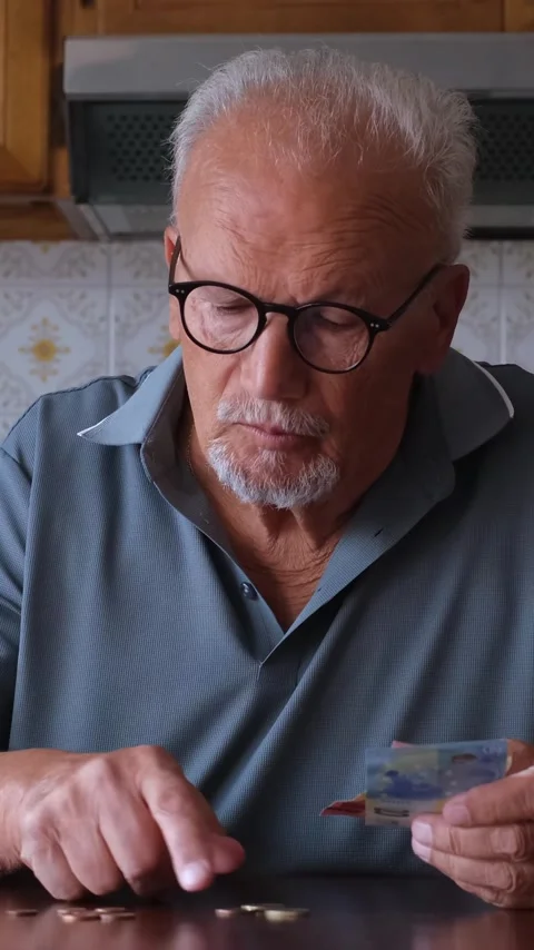Senior man with a concerned expression carefully counting his money, handling Vídeos de archivo 344396520