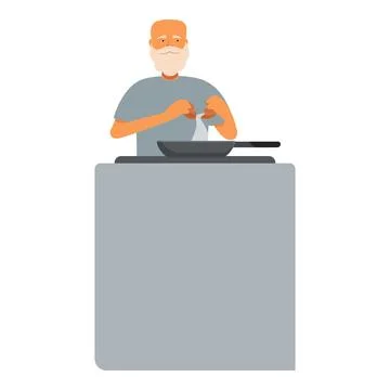 Senior man cooking fried eggs icon cartoon vector. Food morning breakfast Stock Illustration