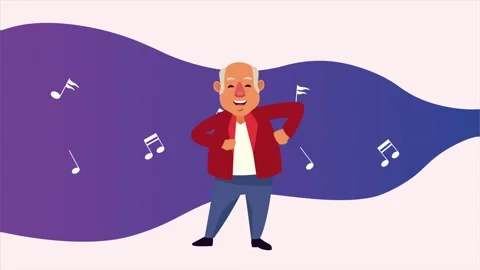 Senior man dancing joyfully to music animation with floating musical notes .. Stock Footage 339112034