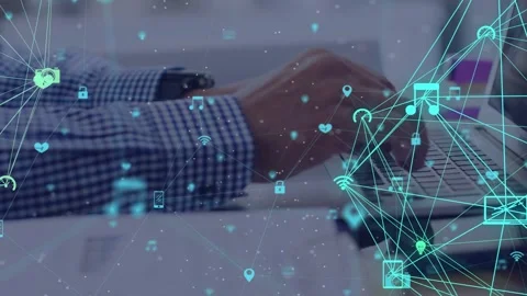 Senior man at desk typing, generating 3D mesh and icons floating around hands Stock Footage 335731948