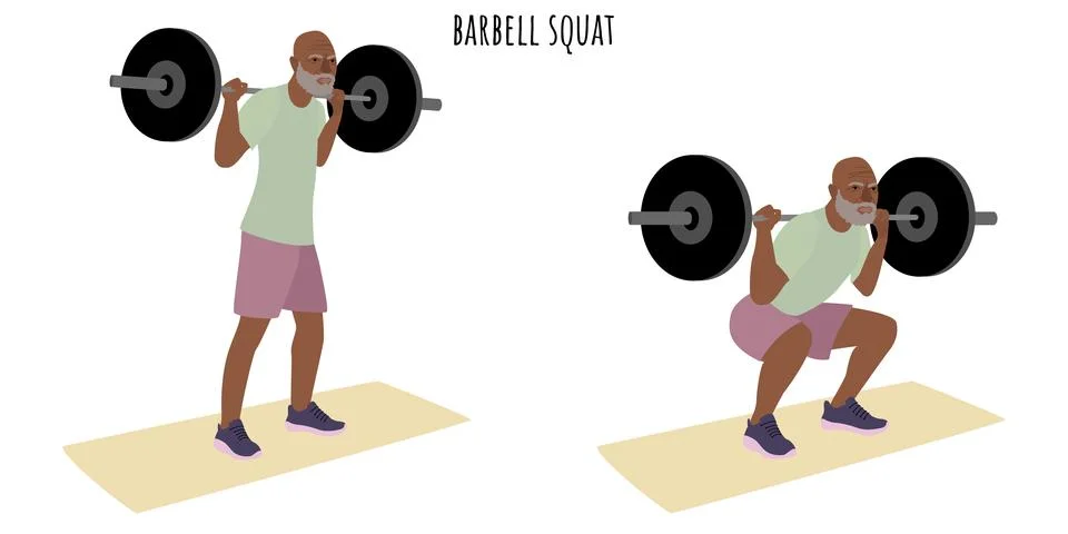Senior man doing barbell squat exercise Stock Illustration