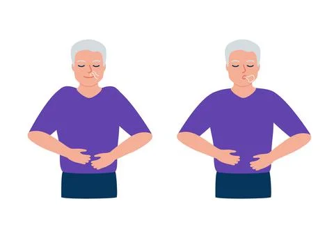 Senior man is doing breathing exercise, respiratory deep breath, exhale and i Stock Illustration