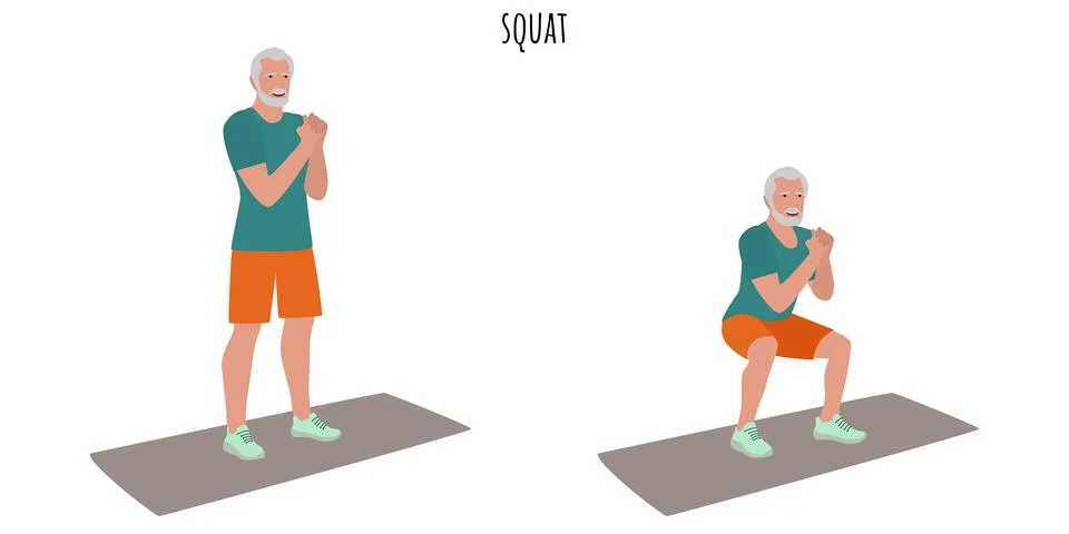 Senior man doing squat exercise Stock Illustration