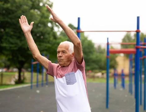 Senior man doing warming up exercises Stock Photos