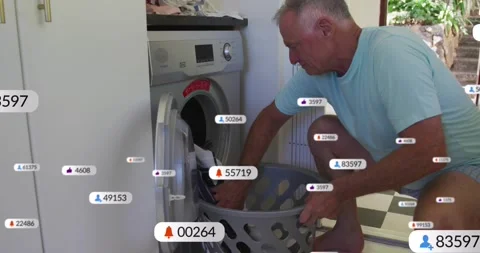 Senior man entering laundry room and loading clothes from basket into washing Stock Footage 320506358