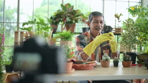 A senior man entrepreneur working with camera presents houseplants during onl Vidéo 140282335