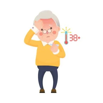 Senior Man with Fever Checking Thermometer Illustrazione stock