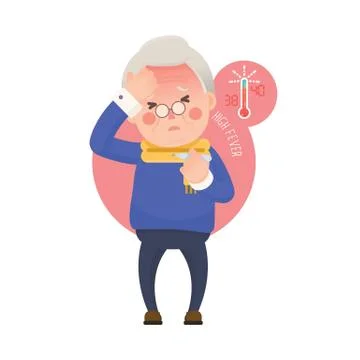 Senior Man with Fever Checking Thermometer Illustrazione stock