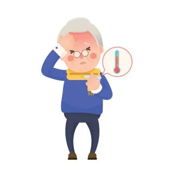 Senior Man with Fever Checking Thermometer Stock Illustration