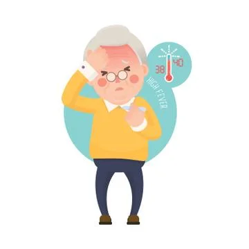Senior Man with Fever Checking Thermometer Stock Illustration