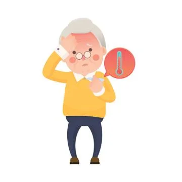 Senior Man with Fever Checking Thermometer Stock Illustration