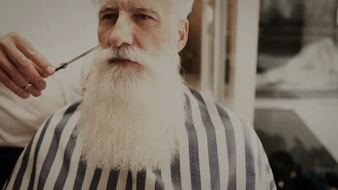 Senior man getting styling and trimming of his beard in the barbershop Stock-Footage 233627284