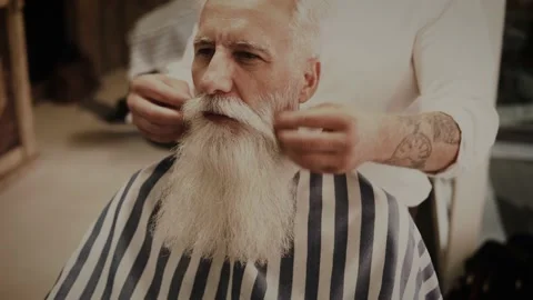 Senior man getting styling and trimming of his beard in the barbershop Stock-Footage 233627841