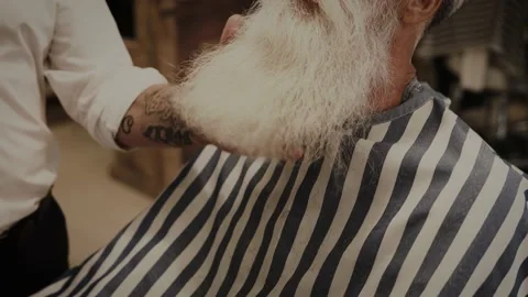 Senior man getting styling and trimming of his beard in the barbershop Stock Footage 233653635