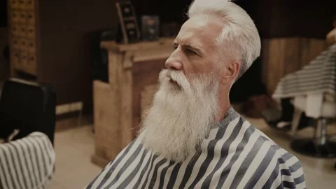 Senior man getting styling and trimming of his beard in the barbershop Stock Footage 233653824
