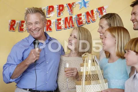 Senior Man Giving Speech At Retirement Party Stock Photos