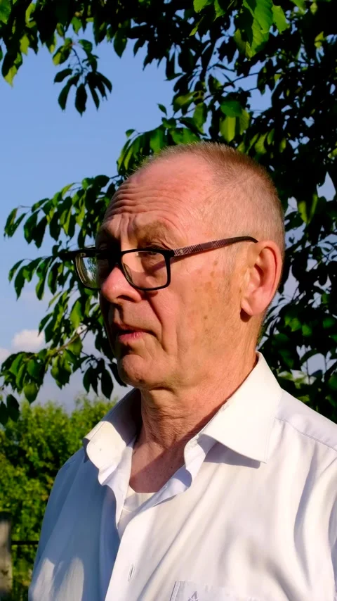 Senior man in glasses looking thoughtfully into the distance before reacting Stock Footage 345726195