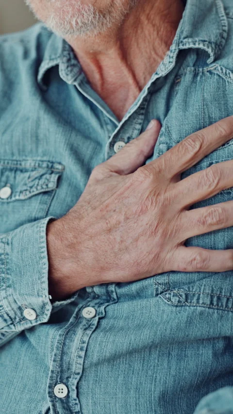 Senior man, hands and chest pain with heart attack in panic for hypertension, Stock Footage 321896863