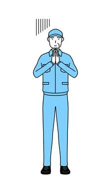 Senior man in hat and work clothes apologizing with his hands in front of h.. Stock Illustration