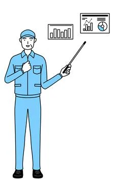 Senior man in hat and work clothes analyzing a performance graph. Stock Illustration
