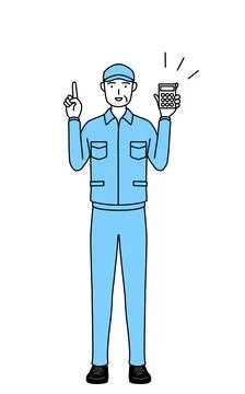 Senior man in hat and work clothes holding a calculator and pointing. Illustrazione stock