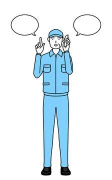 Senior man in hat and work clothes pointing while on the phone. Illustrazione stock
