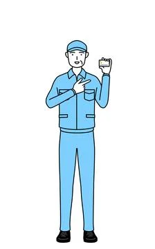 Senior man in hat and work clothes recommending credit card payment. Stock Illustration